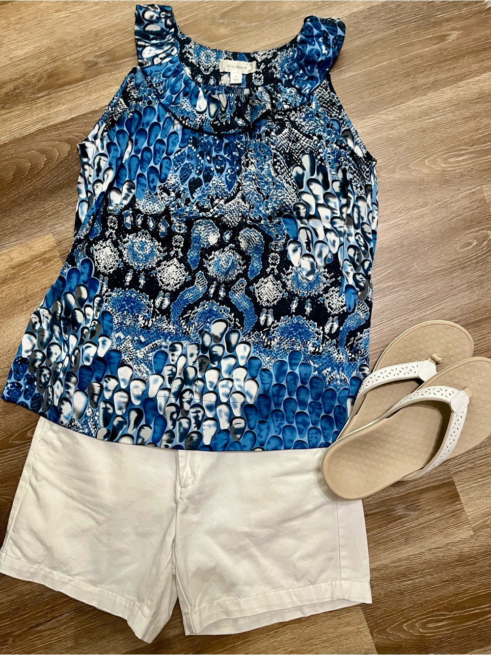 dressbarn Blue & White Sleeveless Ruffle-Neck Tank